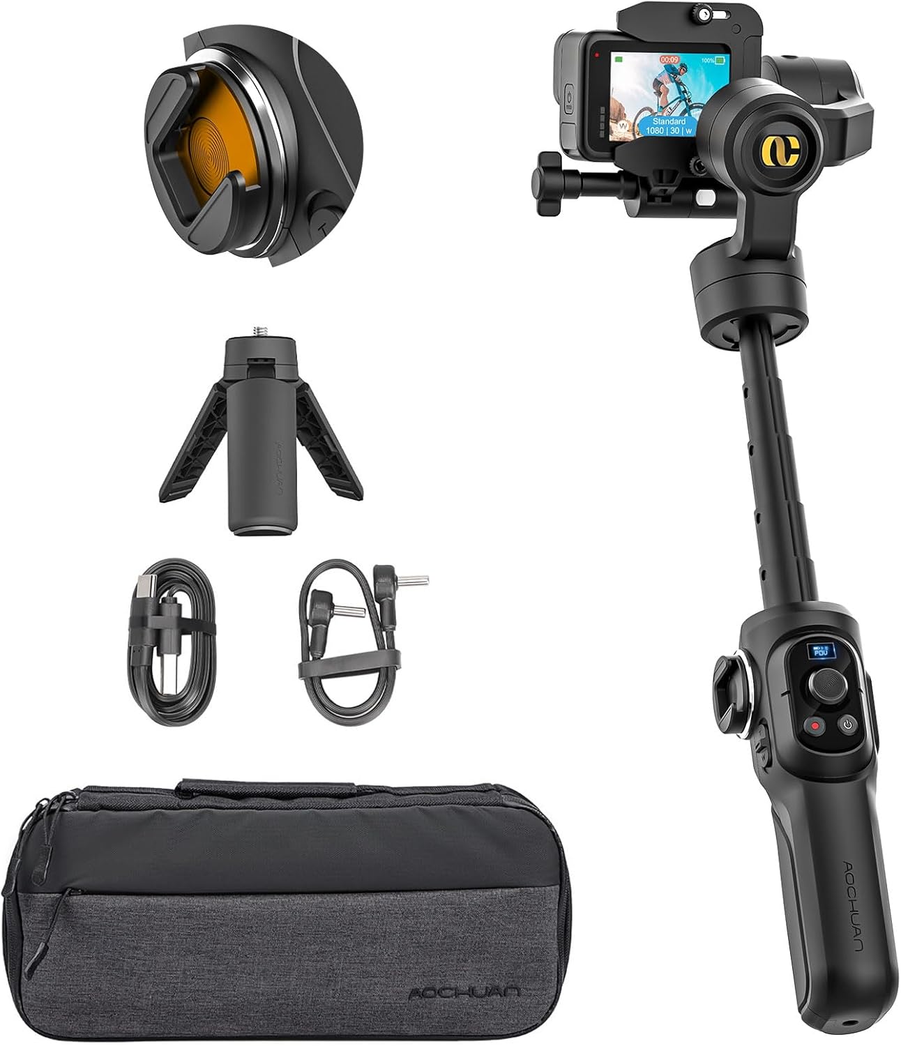 Handheld Stabilizer Gimbal - アクションカメラ用3軸ハンドヘルドスタビライザー、内蔵19cm延長ロッド付き、スポーツカメラ用動画撮影対応、ハンドヘルドジンバル