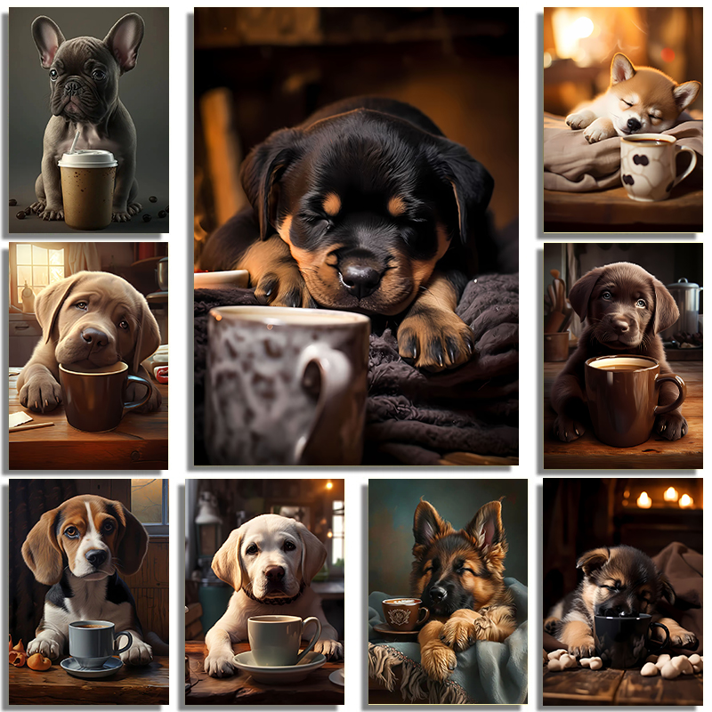 Photography Interest - 愛らしくて興味深いペット犬怠惰な眠いコーヒーアート写真ポスターキャンバス印刷コーヒーショップの壁の装飾絵画