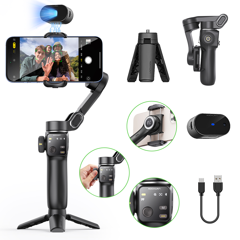Handheld Stabilizer Gimbal - AOCHUANハンドヘルド手ブレ補正ジンバルスタビライザー、旅行用拡張自撮り棒、顔追跡機能付きスマホスタンド（iPhone/Android撮影対応）