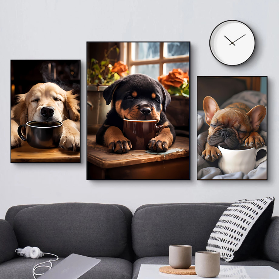 愛らしくて興味深いペット犬怠惰な眠いコーヒーアート写真ポスタ - Photography Interest のレビューと価格